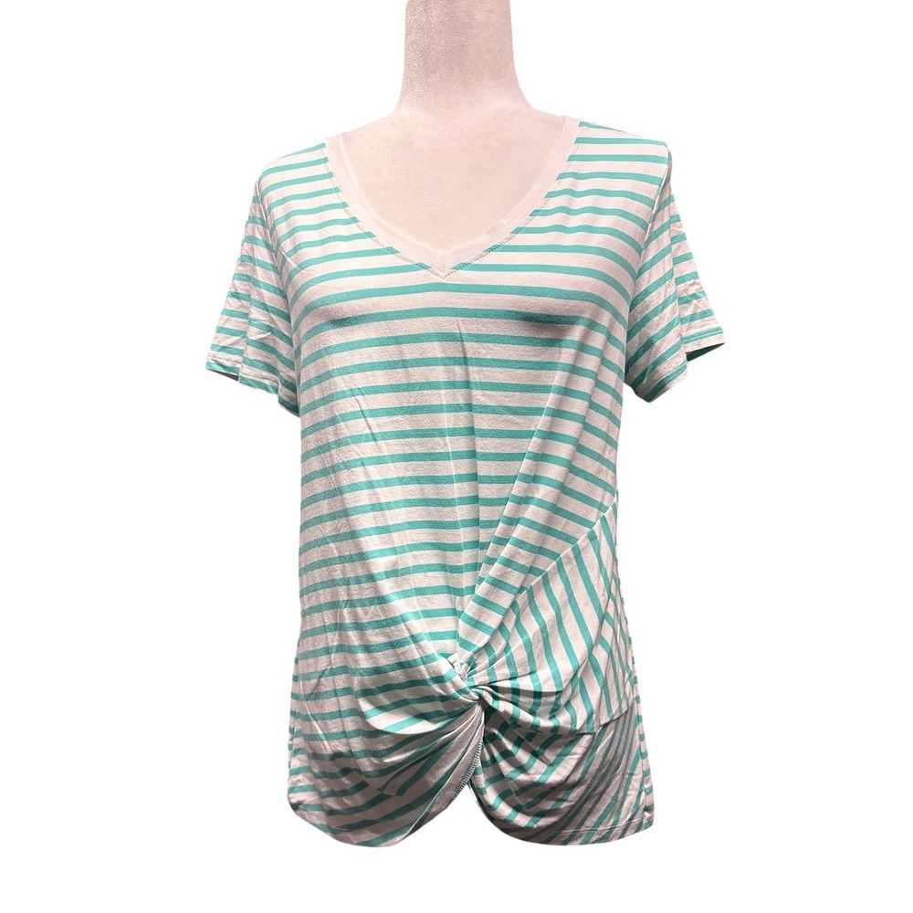 Tribal Jade Green White Striped Front Twist V-Neck Knit Top Women's M NWT